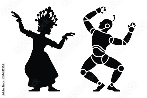 Traditional dancer and modern robot figures in dynamic poses vector illustration