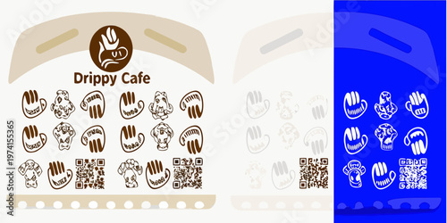 Drippy cafe logo with repeating hand motifs and qr codes