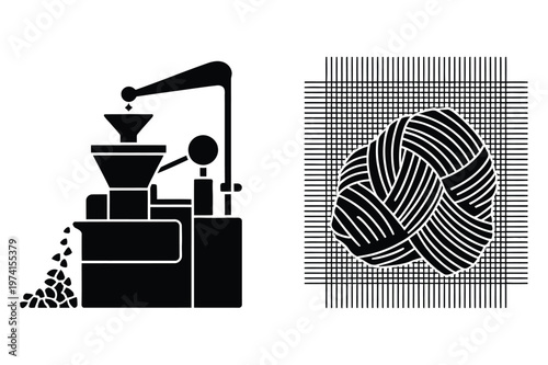 Industrial processing machine with falling material and ball of yarn on grid