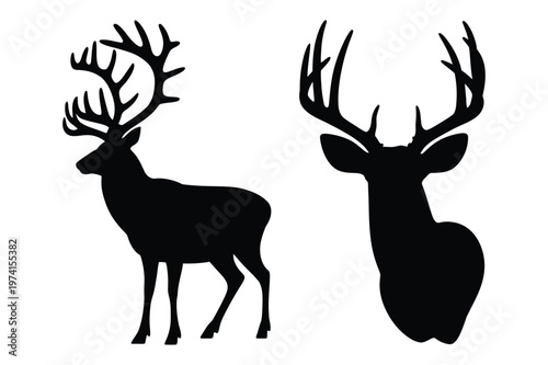 Two black silhouettes of deer with large antlers, one full body and one head