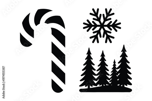 Christmas holiday symbols candy cane snowflake and pine trees vector