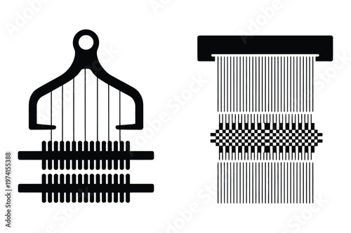 Traditional weaving loom and shuttle with textile pattern craft vector, handmade