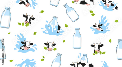 Playful seamless pattern of cartoon cows splashing in milk, with bottles and fresh green leaves on white. Ideal for dairy, farm, and children's product designs