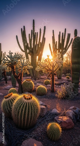 Desert Sunset Cactus Garden with Golden Hour Light.