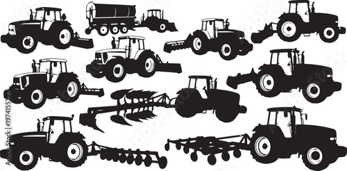 Tractors and farming equipment in black silhouette style