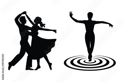 Silhouettes of dancing couple and solo dancer with graceful poses and movement