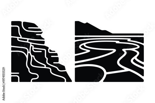 Layered cliff rock formations and abstract winding river or canal landscape view