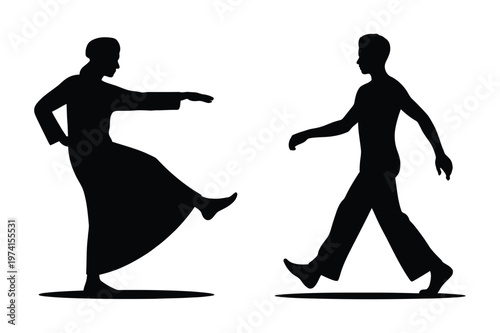 Silhouette of a traditional woman dancing and a man walking forward