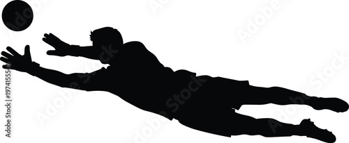 goalkeeper silhouette diving save, soccer goalkeeper action, football defense, athlete jump, sports concept, black silhouette, isolated background, vector illustration