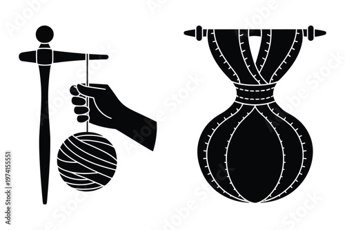Silhouette of hand holding spindle thread and traditional decorative textile bag