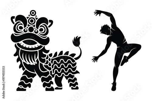 Traditional chinese lion dance costume figure and athletic dancer in acrobatic