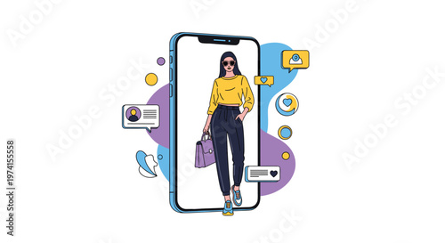 Stylish fashion model appearing on a large smartphone screen with social media icons and notification bubbles.