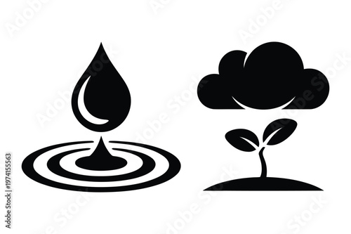 Environmental icons of water drop ripple and plant seedling under cloud