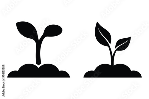 Silhouette icons of small plant sprouts growing from soil mounds with seedling