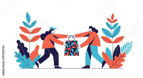 Two women collaborating or making a delivery while passing a patterned shopping bag amidst stylized green foliage.