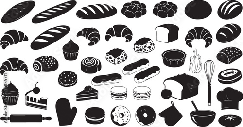 Bakery icons and baking tools illustration set