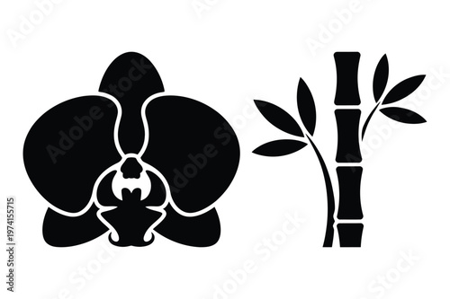 Zen inspired black silhouettes of an orchid bloom and a bamboo plant stalk
