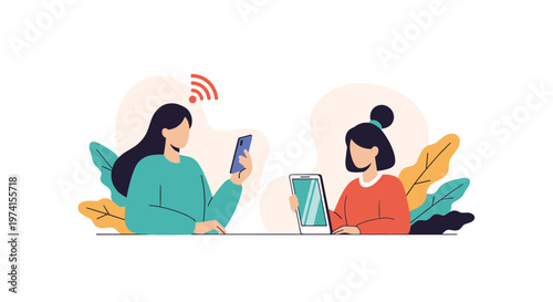 Two young women sitting at a table using a smartphone and tablet, connected by a wireless internet wifi signal.