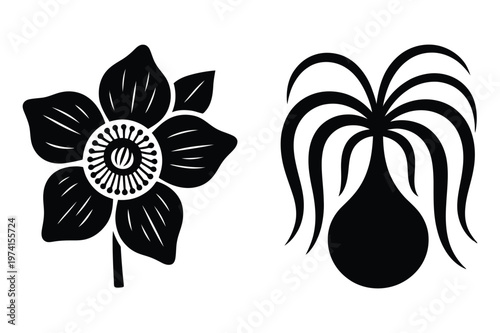 Black flower and bulb plant silhouette vector illustration with silhouette