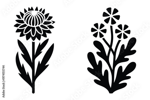 Botanical sunflower and wildflower silhouette vector art with sunflower