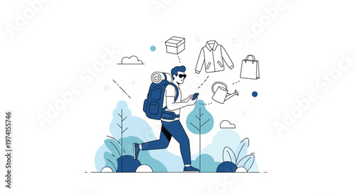 Adventurous man hiking with a large backpack while using his phone to shop for outdoor gear and travel supplies.