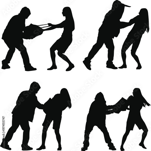 people fighting silhouette set, conflict interaction, aggression poses, violence concept, argument scenes, black silhouettes, isolated background, vector illustration design