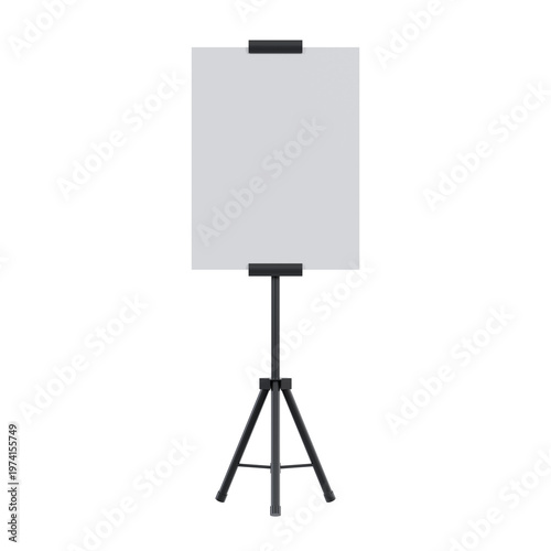 Standing banner tripod display, blank grey board on black adjustable stand, centered front view, isolated on transparent background, for exhibition or retail marketing mockups.