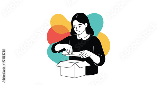 Excited young woman opening a cardboard box or package, representing unboxing, delivery, and customer satisfaction.
