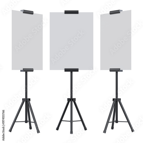 Konstfotografi Standing banner tripod display, three blank grey boards on black adjustable stands, front and side angles, isolated on transparent background, for exhibition and retail branding mockups