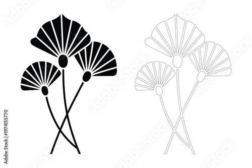 Three fan shaped leaf stems black silhouette and dotted outline vector