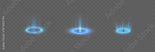 Circular portals, teleport, hologram gadget. Futuristic teleport. Projector HUD or podium for magic circle teleportation. Set of circle holograms.Empty podium light effect.