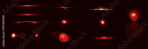 Red light effect reflections, neon illumination in red colors. Bright light lens. Police light effects, lines. Shiny stars, glowing sparks on a black background.