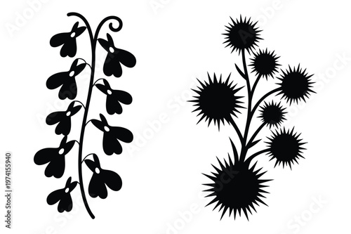 Black silhouette vector of lily of the valley and thistle wildflowers
