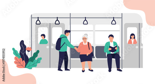 Kind young man giving his seat to an elderly woman on a public transportation train to show respect and kindness.