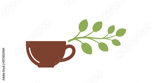 Brown coffee cup with green leaves.