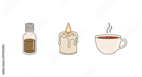 Brown liquid in glass bottle.