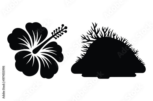 Hibiscus flower and seaweed coral reef silhouette vector design elements