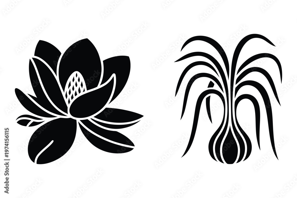 Fototapeta premium Black flower and bulb silhouette vector illustration set with silhouette