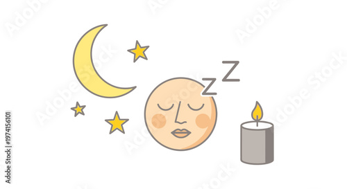 Sleeping Moon Face with Stars and Candle.