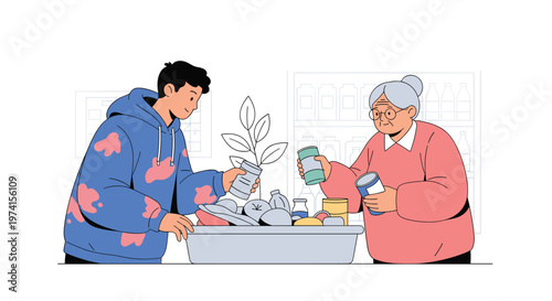 Kind young man helping an elderly woman pack essential food items into donation boxes for community support.