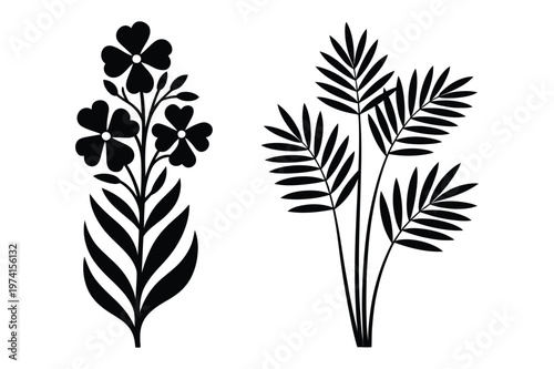 Wildflower and fern frond botanical silhouette vector set with wildflower