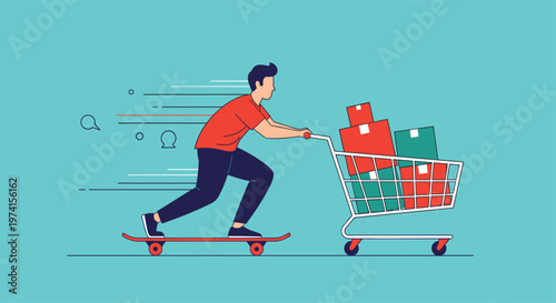 Energetic young man rides a skateboard while pushing a shopping cart full of delivery boxes against a flat blue background.