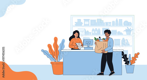 Friendly male customer receives a large paper bag of fresh groceries from a cashier at a store checkout counter.