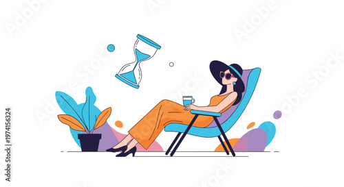 Fashionable woman relaxes in a lounge chair with a cocktail while a large floating hourglass symbolizes passing time.