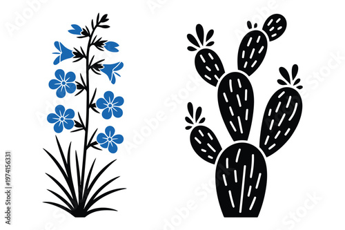 Botanical vector art of blue bellflowers and prickly pear cactus silhouette