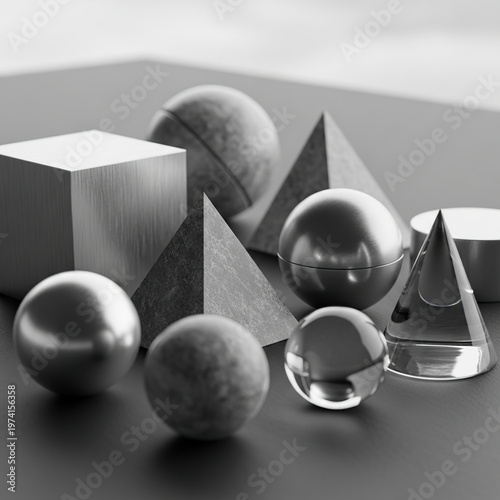 Geometric shapes composition, spheres, cubes, pyramids, and cones.