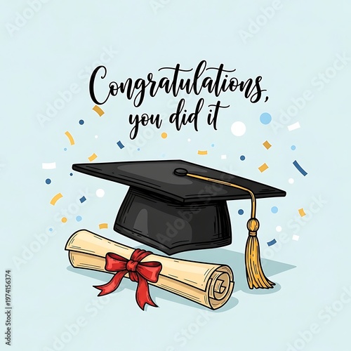 Flat graduation cap diploma red bow congratulatory message on light blue background