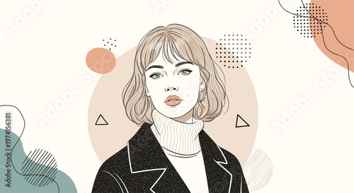 Stylish young woman with blonde hair wearing a black coat and white turtleneck against a minimalist abstract backdrop.