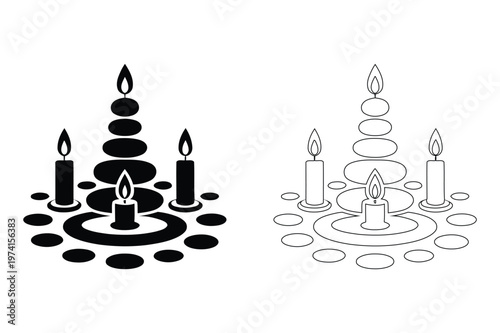 Stacked zen stones and burning candles meditation silhouette vector set