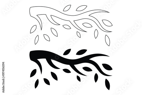 Tree branch with falling leaves silhouette and line art vector illustration